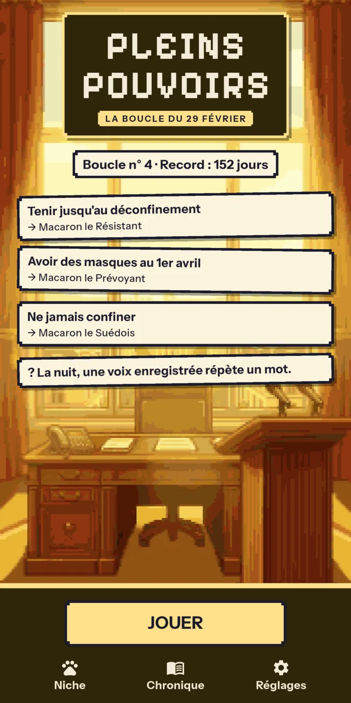Écran d'accueil de Pleins Pouvoirs : « La boucle du 29 février », objectifs de la boucle et bouton Jouer.