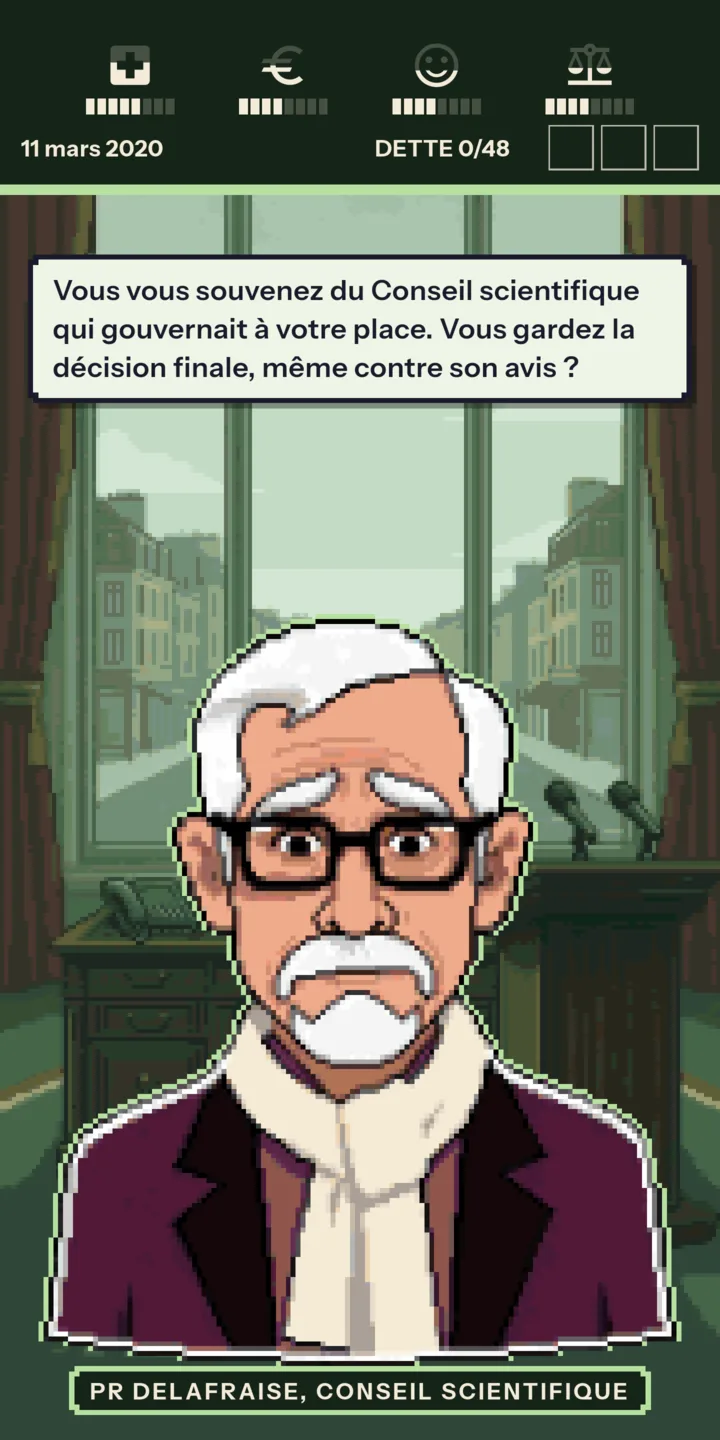 Une carte en jeu : le Pr Delafraise, du Conseil scientifique, sous les quatre jauges.